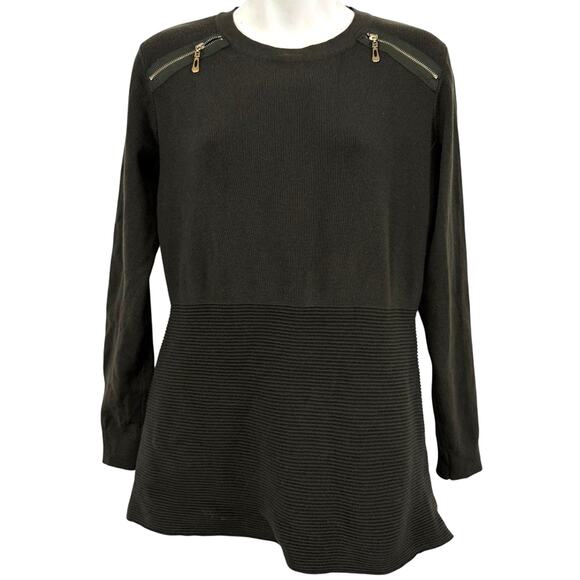 Neiman Marcus Olive Green Ribbed Zipper Shoulder Tight Knit Sweater Pullover S - Picture 1 of 16